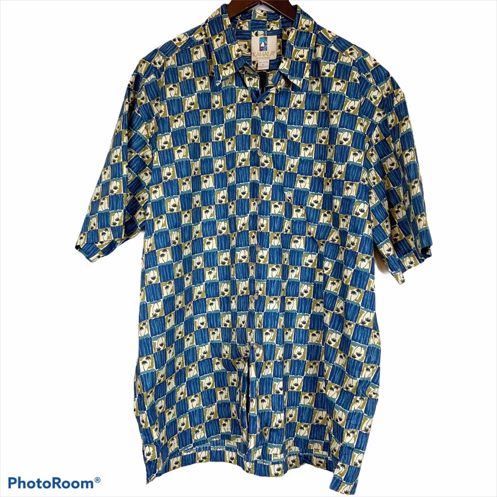 Kahala blue tan cotton Hawaiian shirt palm trees